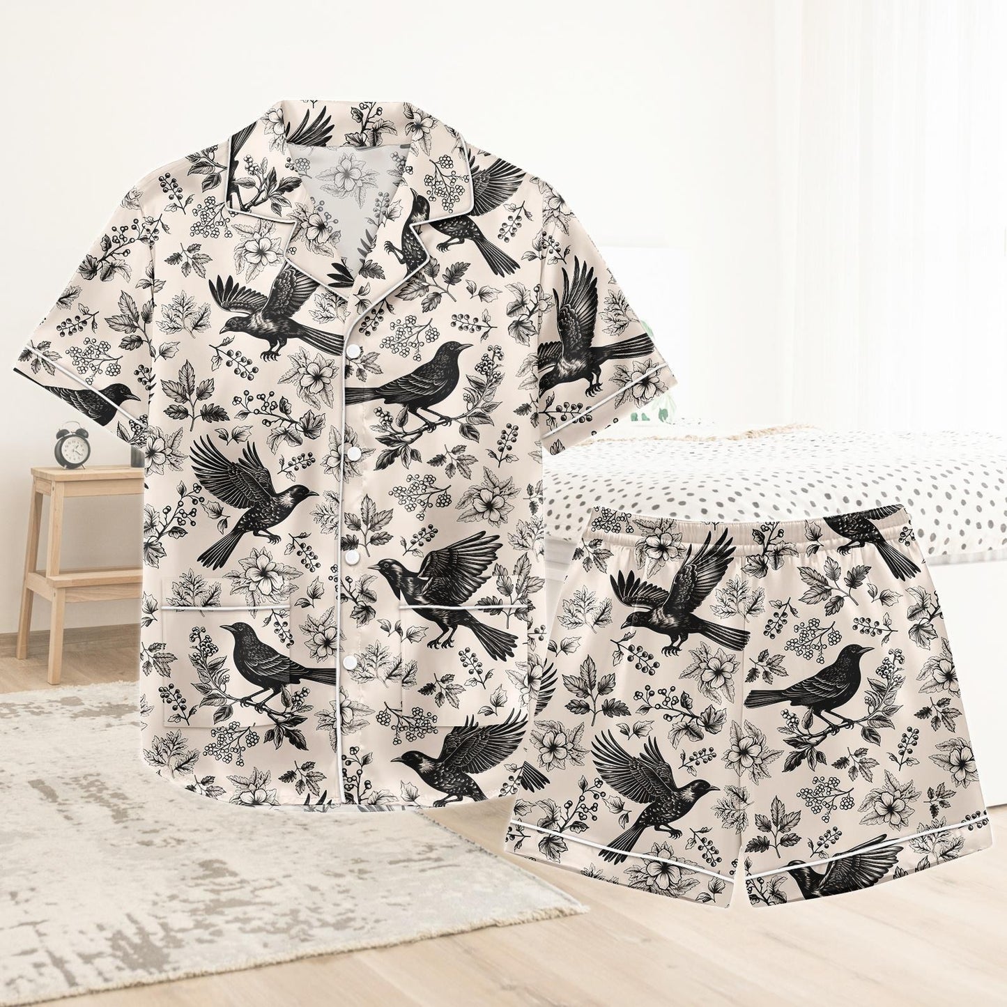 Craw Bird Short Satin Pajamas, Gothic Crow Pajamas Set Women, Vintage Raven Silk Pajamas For Women, Dark Academia Matching Pajamas Wome