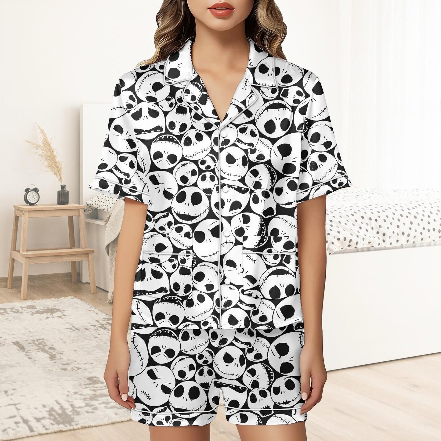 Jack Skellington Short Satin Pajamas, Nightmare Before Christmas Pajamas Set Women, Spooky Silk Pajamas For Women, Halloween Matching P