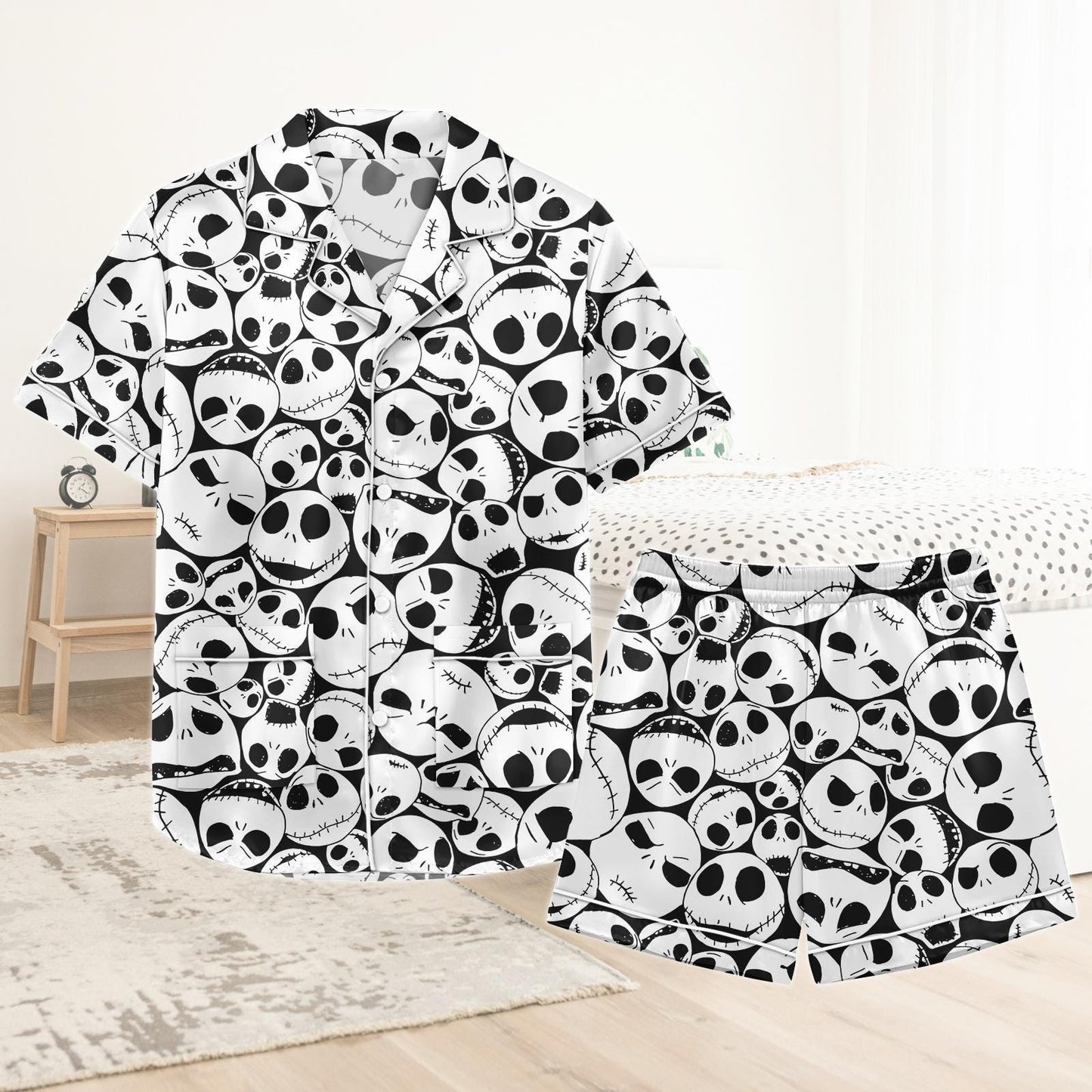 Jack Skellington Short Satin Pajamas, Nightmare Before Christmas Pajamas Set Women, Spooky Silk Pajamas For Women, Halloween Matching P