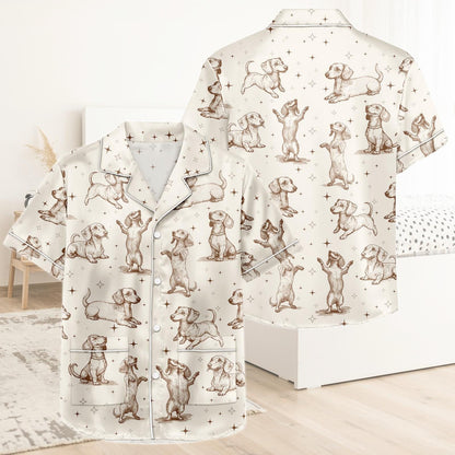 Dachshund Short Satin Pajamas, Sausage Dog Pajamas Set Women, Kawaii Silk Pajamas For Women, Pastel Pajamas For Her