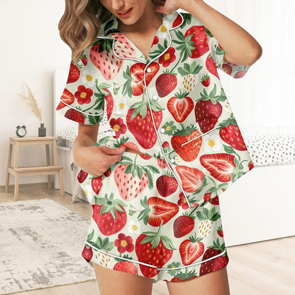 Strawberry Short Satin Pajamas, Fruity Strawberry Pajamas Set Women, Pastel Silk Pajamas For Women, Kawaii Matching Pajamas Women