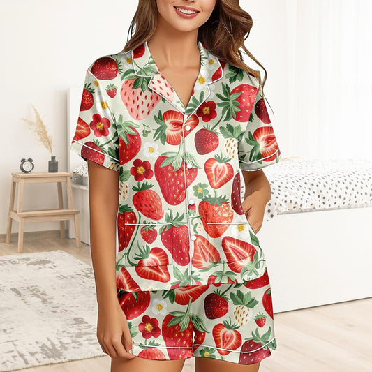 Strawberry Short Satin Pajamas, Fruity Strawberry Pajamas Set Women, Pastel Silk Pajamas For Women, Kawaii Matching Pajamas Women
