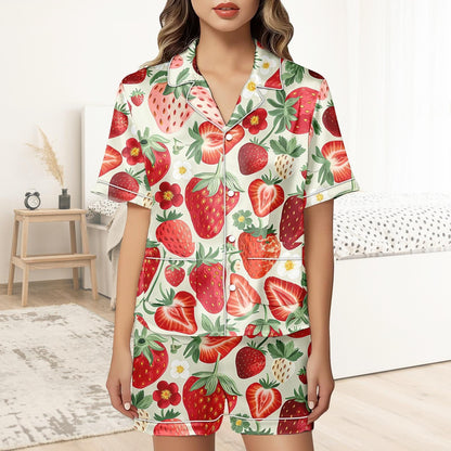 Strawberry Short Satin Pajamas, Fruity Strawberry Pajamas Set Women, Pastel Silk Pajamas For Women, Kawaii Matching Pajamas Women