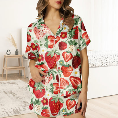 Strawberry Short Satin Pajamas, Fruity Strawberry Pajamas Set Women, Pastel Silk Pajamas For Women, Kawaii Matching Pajamas Women