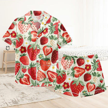 Strawberry Short Satin Pajamas, Fruity Strawberry Pajamas Set Women, Pastel Silk Pajamas For Women, Kawaii Matching Pajamas Women