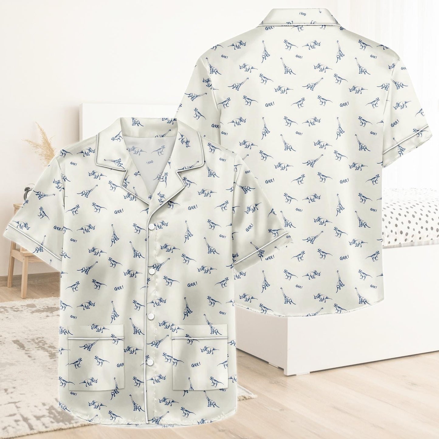 Dinosaur Short Satin Pajamas, Kawaii Dinosaur Pajamas Set Women, Jurassic Silk Pajamas For Women, Matching Pajamas Shorts