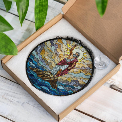 Biblical stained glass Moses parting sea round suncatcher Christian home decor gift for Easter or pastor
