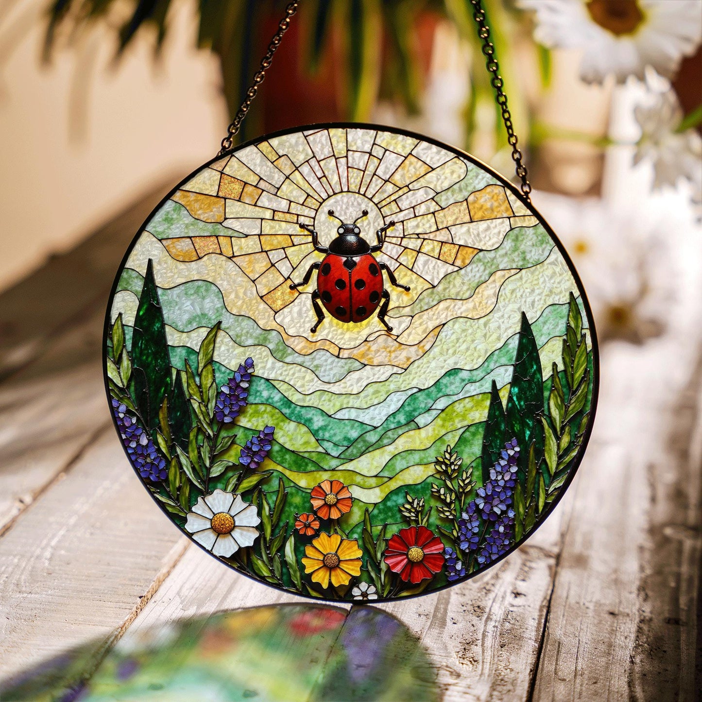 Ladybug and wildflower stained glass suncatcher spring garden gift