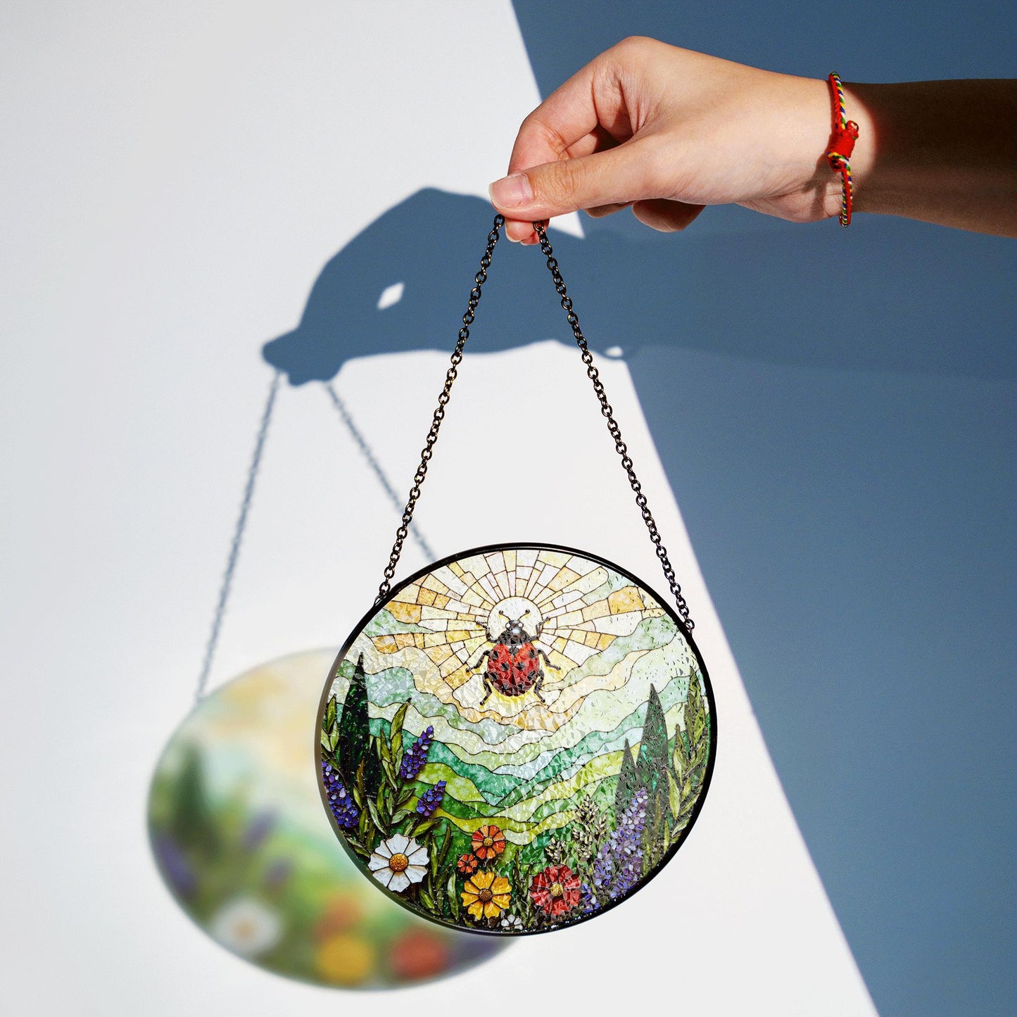 Ladybug and wildflower stained glass suncatcher spring garden gift