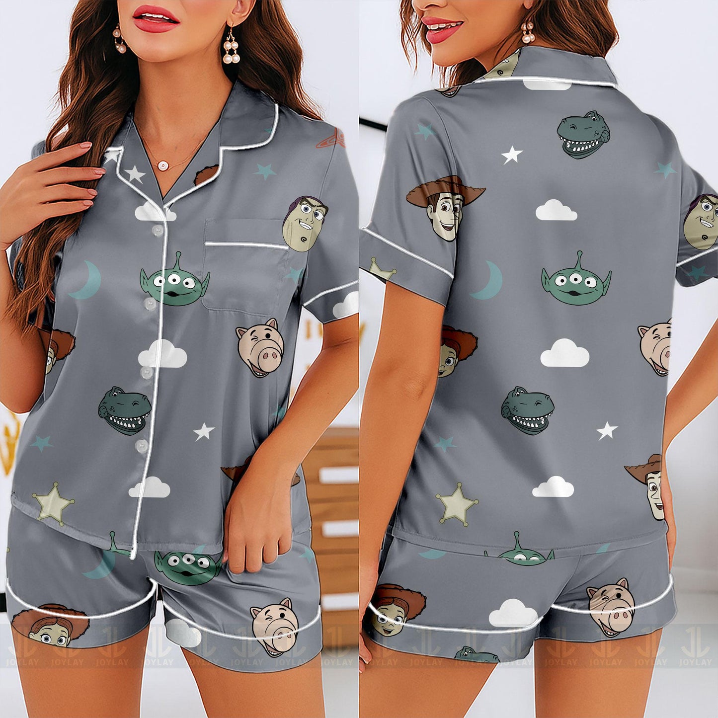 Toy Story Jessie Alien Buzz Lightyear Woody Pastel Unisex Satin Pajamas Set, Spooky Season Pajamas , Long Sleeve And Short Styles