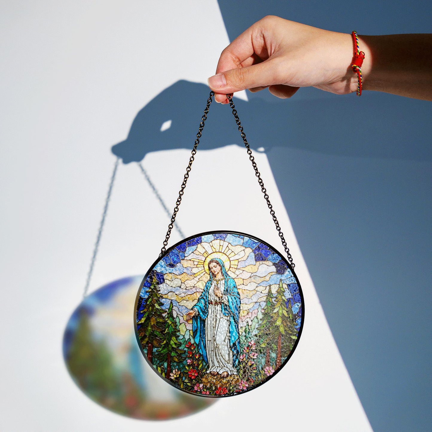 Blessed Virgin Mary stained glass style round suncatcher spiritual window decor gift for Easter or Catholic mom