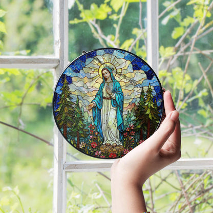 Blessed Virgin Mary stained glass style round suncatcher spiritual window decor gift for Easter or Catholic mom