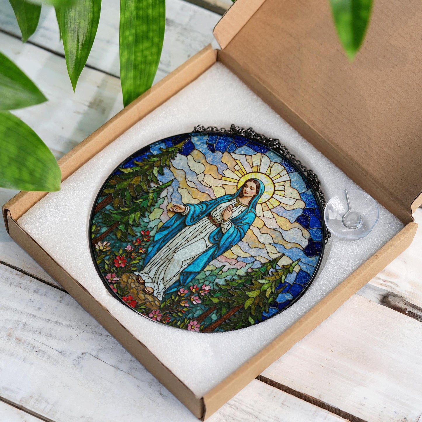 Blessed Virgin Mary stained glass style round suncatcher spiritual window decor gift for Easter or Catholic mom