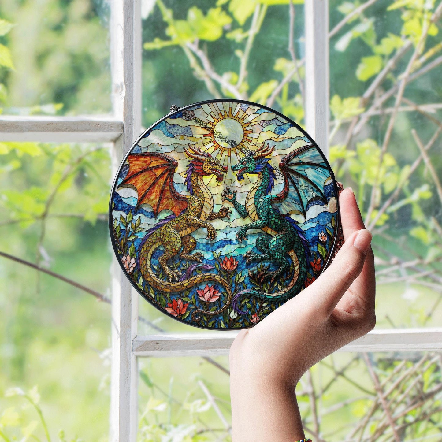 Fantasy dragon pair stained glass round suncatcher mystical window hanging gift for him