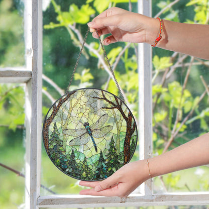 Dragonfly Forest Stained Glass Suncatcher Nature Window Hanging Gift for Mothers Day