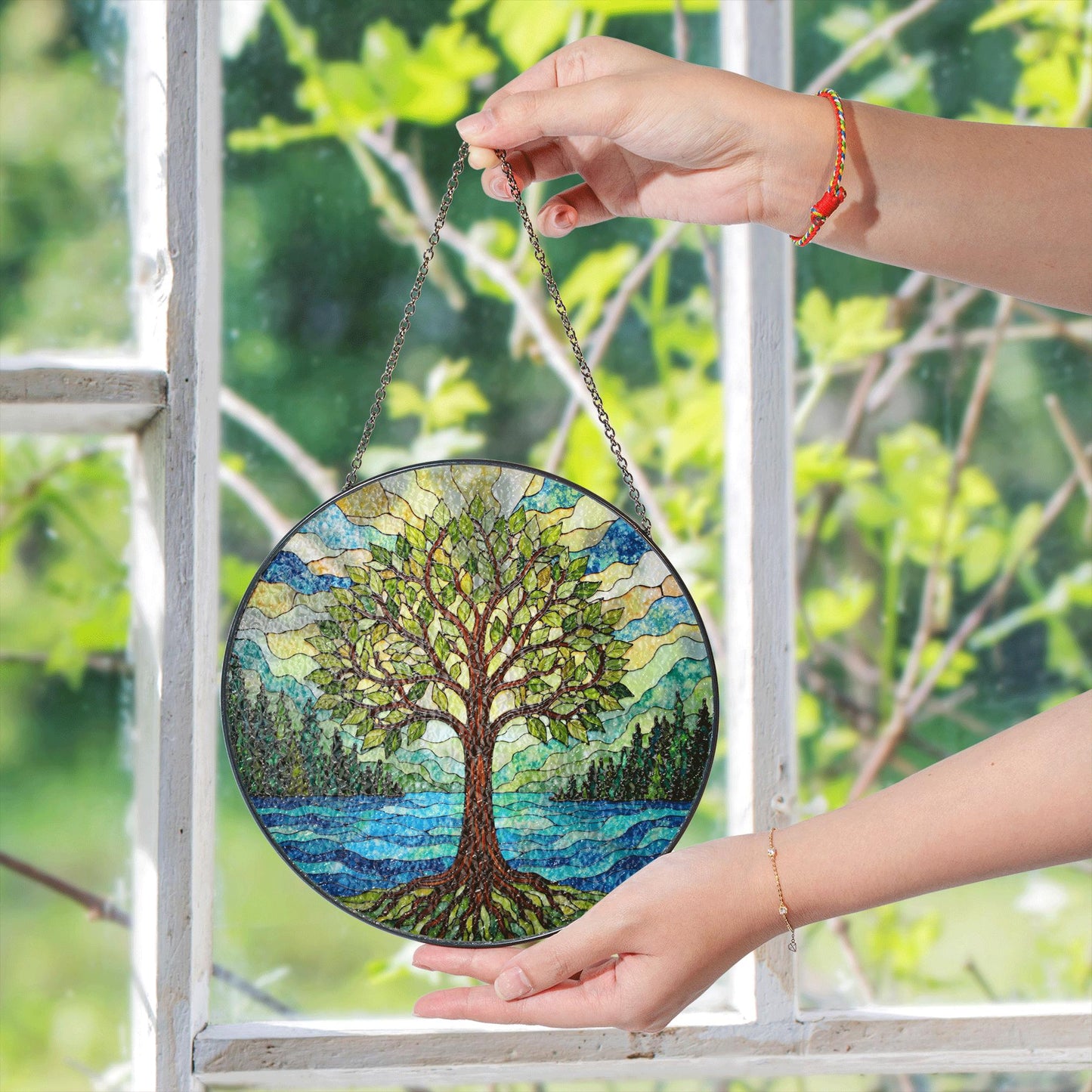 Tree of life stained glass suncatcher forest river art gift for mothers day or nature lovers