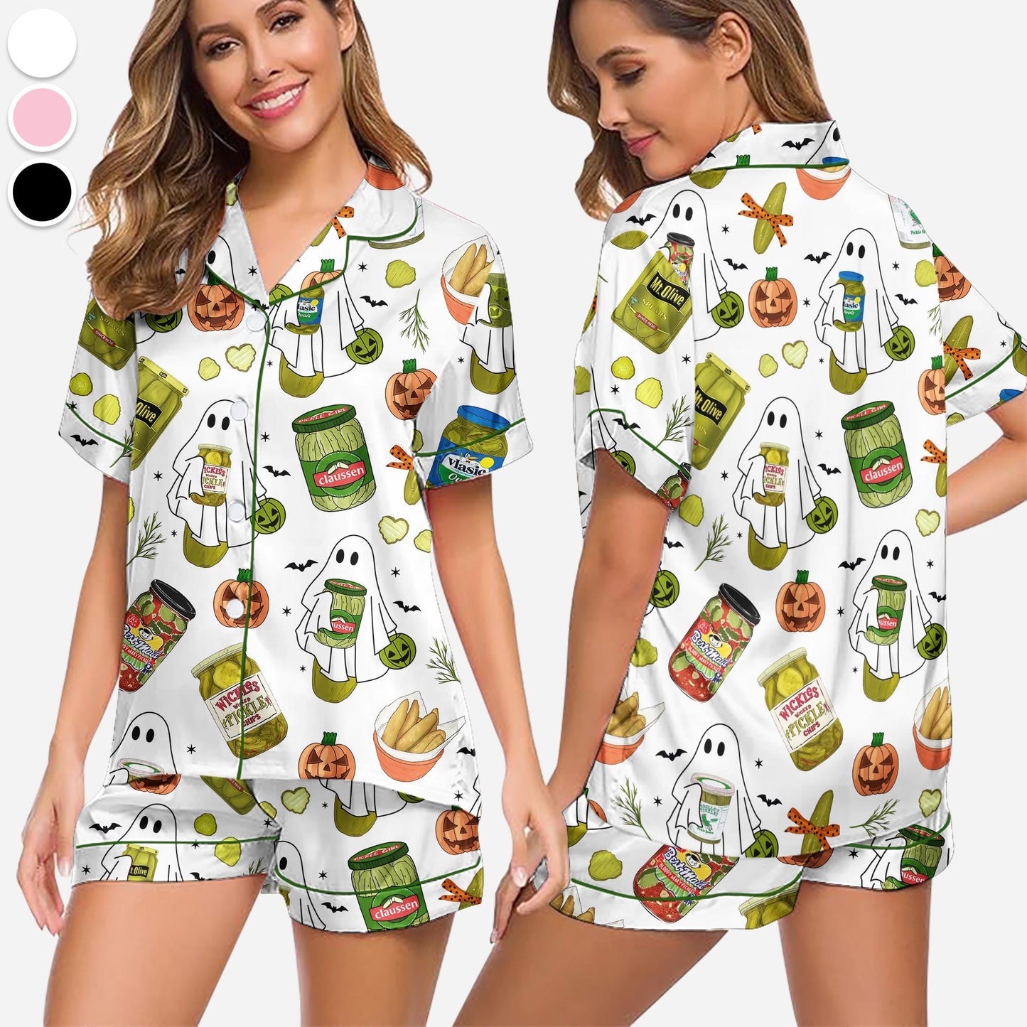 Halloween Pickle Print Satin Pajamas Set Printed Comfortable Satin Pajamas and Loungewear Pjs Short Sleeve Top & Shorts Withought Pockets