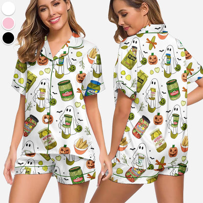 Halloween Pickle Print Satin Pajamas Set Printed Comfortable Satin Pajamas and Loungewear Pjs Short Sleeve Top & Shorts Withought Pockets
