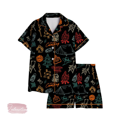 Camp Crew Pajama Set – Colorful Camping Print Short Sleeve Sleepwear, Fun Outdoor Adventure Loungewear Gift