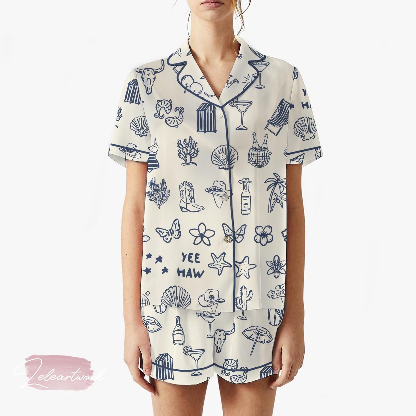 Cowboy Collection Art Pajama Set – Western Coastal Short Sleeve Sleepwear, Yeehaw Loungewear Gift for Cowgirl Vibes