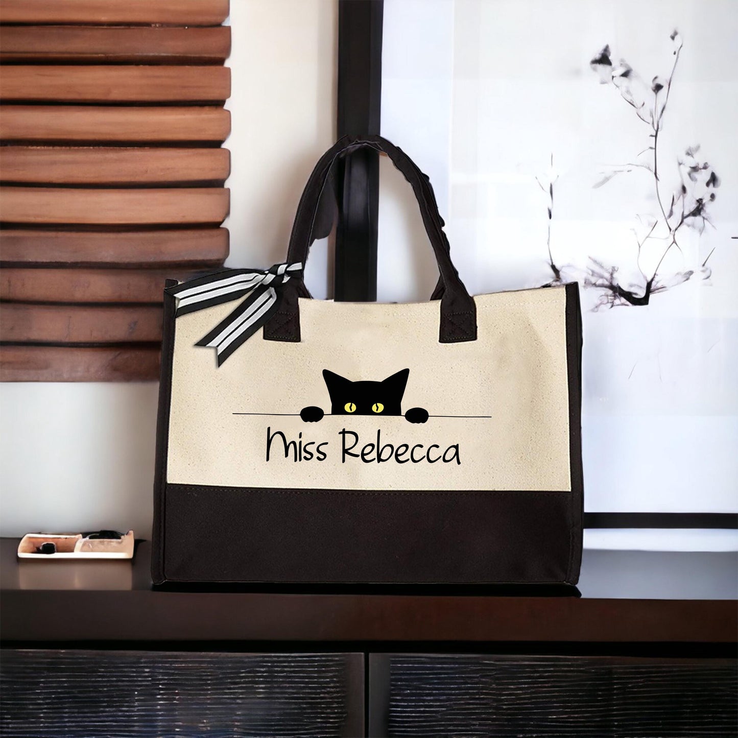 Personalized Black Cat Teacher Tote Bag, Custom Name Canvas Bag Gift for Cat Lovers, Cute Classroom Work Bag for Women, Weekender Tote Bag