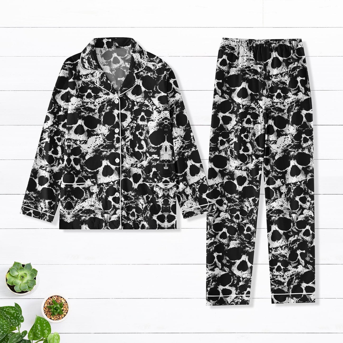 Skull Thick Pajamas, Cozy Skull Sleepwear for Women, Button Up Pjs Set, Warm Outfit Gifts for Skull Lovers, Gothic Skull Merch