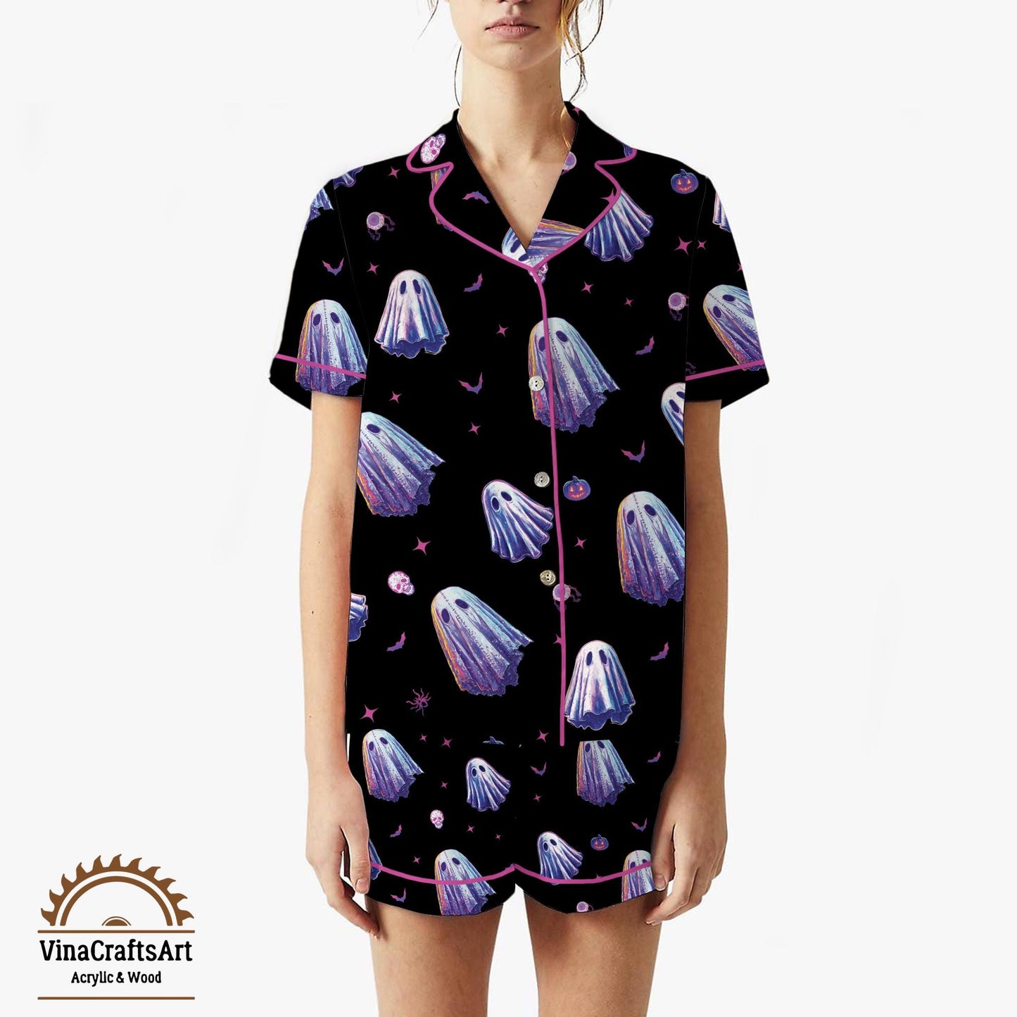 Spooky Ghost Pajama Set – Cute Halloween PJs for Women, Purple Ghost Print Sleepwear, Cozy Fall Loungewear, Kawaii Nightwear