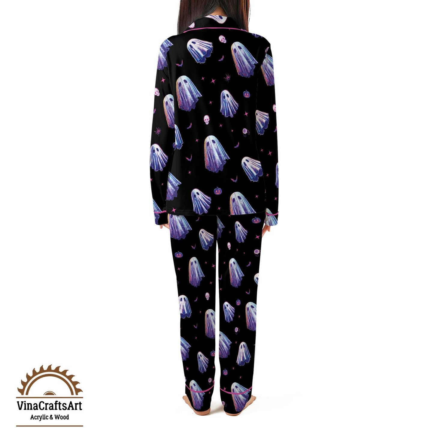 Spooky Ghost Pajama Set – Cute Halloween PJs for Women, Purple Ghost Print Sleepwear, Cozy Fall Loungewear, Kawaii Nightwear