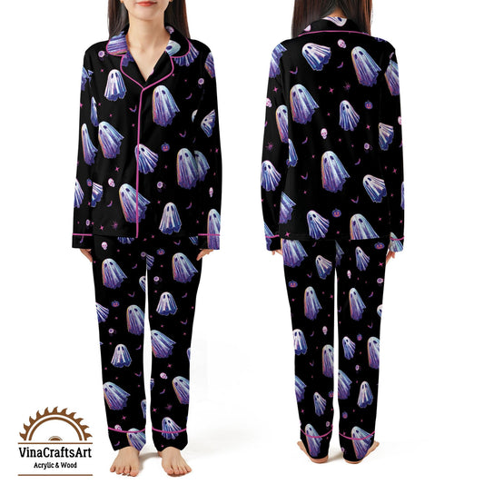Spooky Ghost Pajama Set – Cute Halloween PJs for Women, Purple Ghost Print Sleepwear, Cozy Fall Loungewear, Kawaii Nightwear