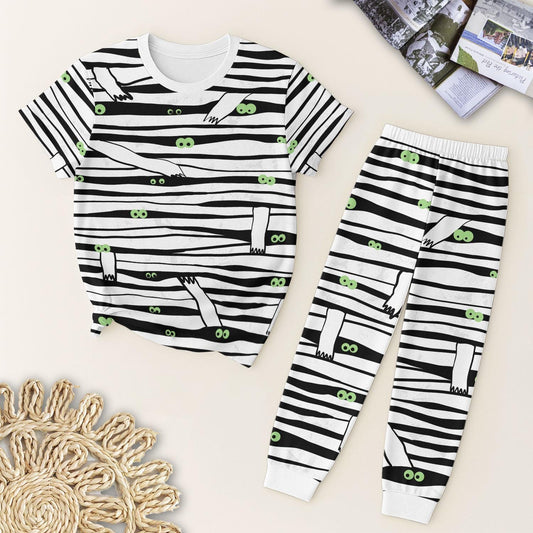 Halloween Mummy Eyes T Shirt And Pants Pajamas, White Crew Neck Sleepwear, Halloween Characters Homewear, Spooky Season Gift