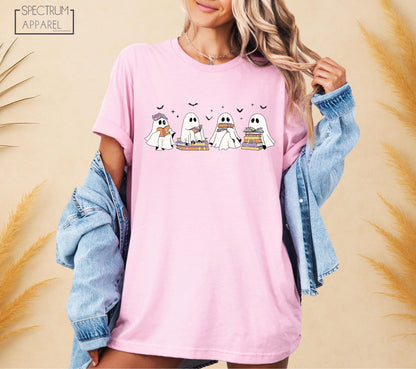 Halloween Reading Ghosts T-Shirt, Bookworm Ghost Fall Tee, Spooky Season Reading T-Shirt, Cute Ghost Book Stack Shirt, Autumn Reading Tee