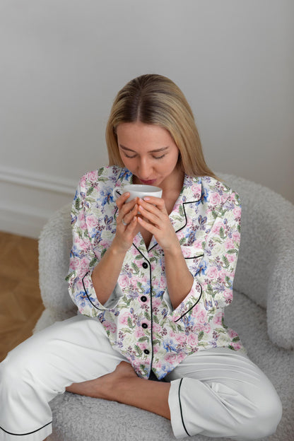 Romantic Watercolor Floral Bridal Pajama Set • Garden Wedding Sleepwear • Bridesmaid Gift • Satin Lounge Set with Roses & Leaves