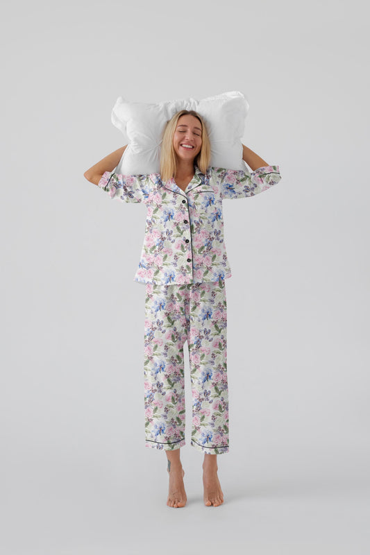 Romantic Watercolor Floral Bridal Pajama Set • Garden Wedding Sleepwear • Bridesmaid Gift • Satin Lounge Set with Roses & Leaves