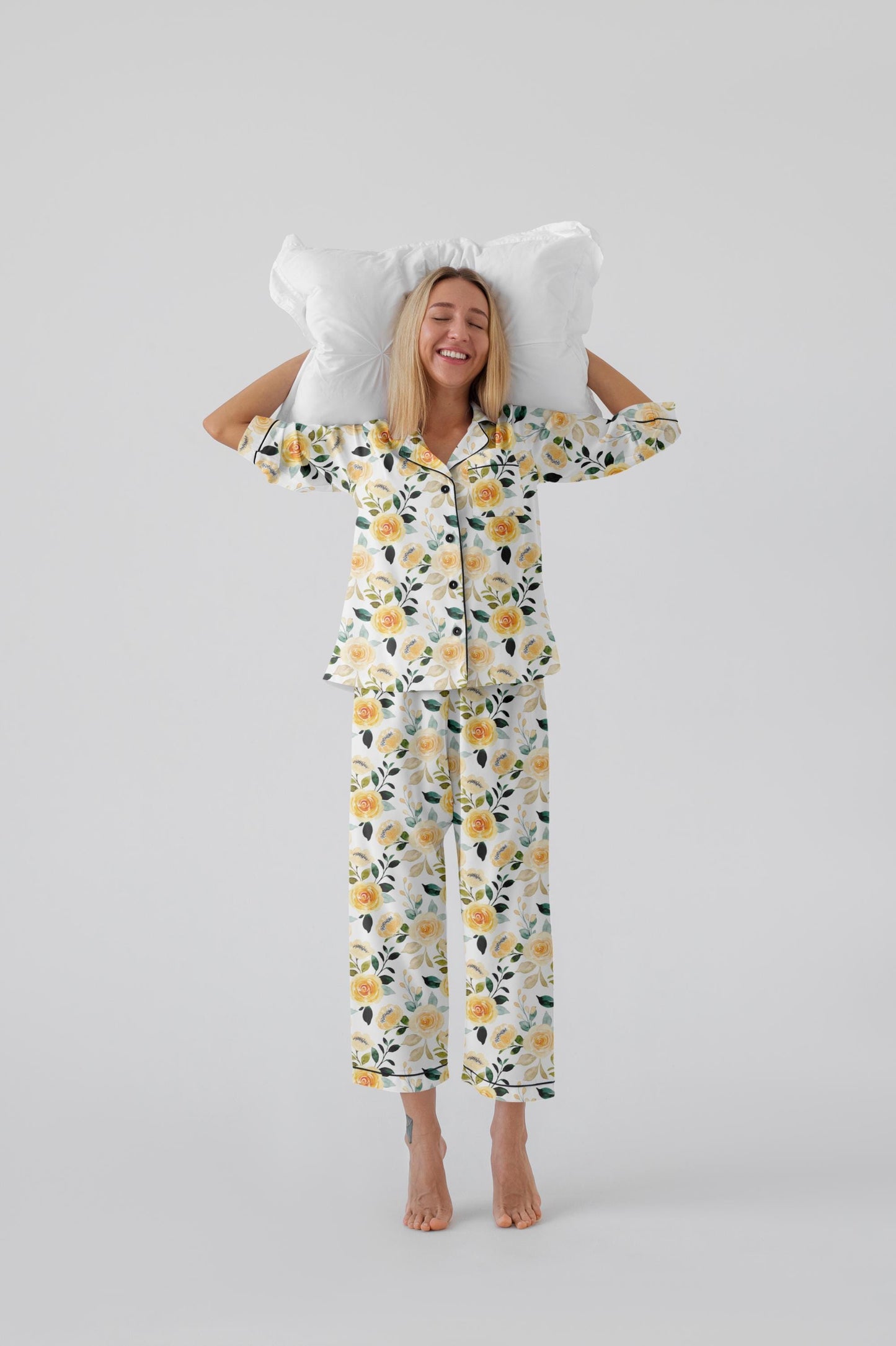 Yellow Floral Bridal Pajama Set – Satin Bride Pajamas for Getting Ready, Bridesmaid Pajamas, Wedding PJs, Bridal Shower Gift, Lemon Bridal