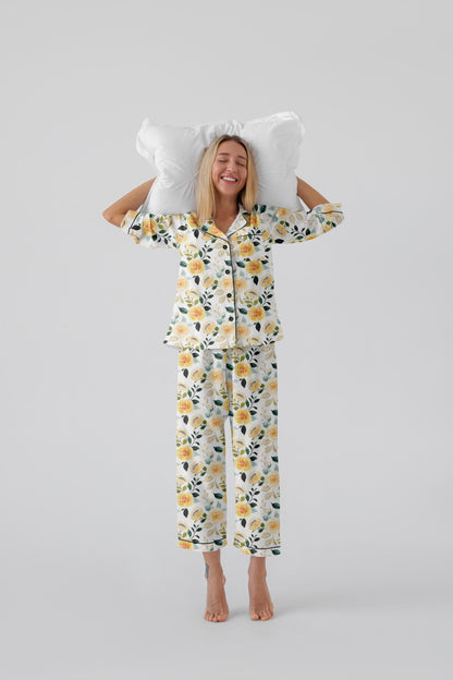 Yellow Floral Bridal Pajama Set – Satin Bride Pajamas for Getting Ready, Bridesmaid Pajamas, Wedding PJs, Bridal Shower Gift, Lemon Bridal