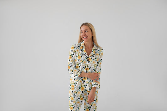 Yellow Floral Bridal Pajama Set – Satin Bride Pajamas for Getting Ready, Bridesmaid Pajamas, Wedding PJs, Bridal Shower Gift, Lemon Bridal
