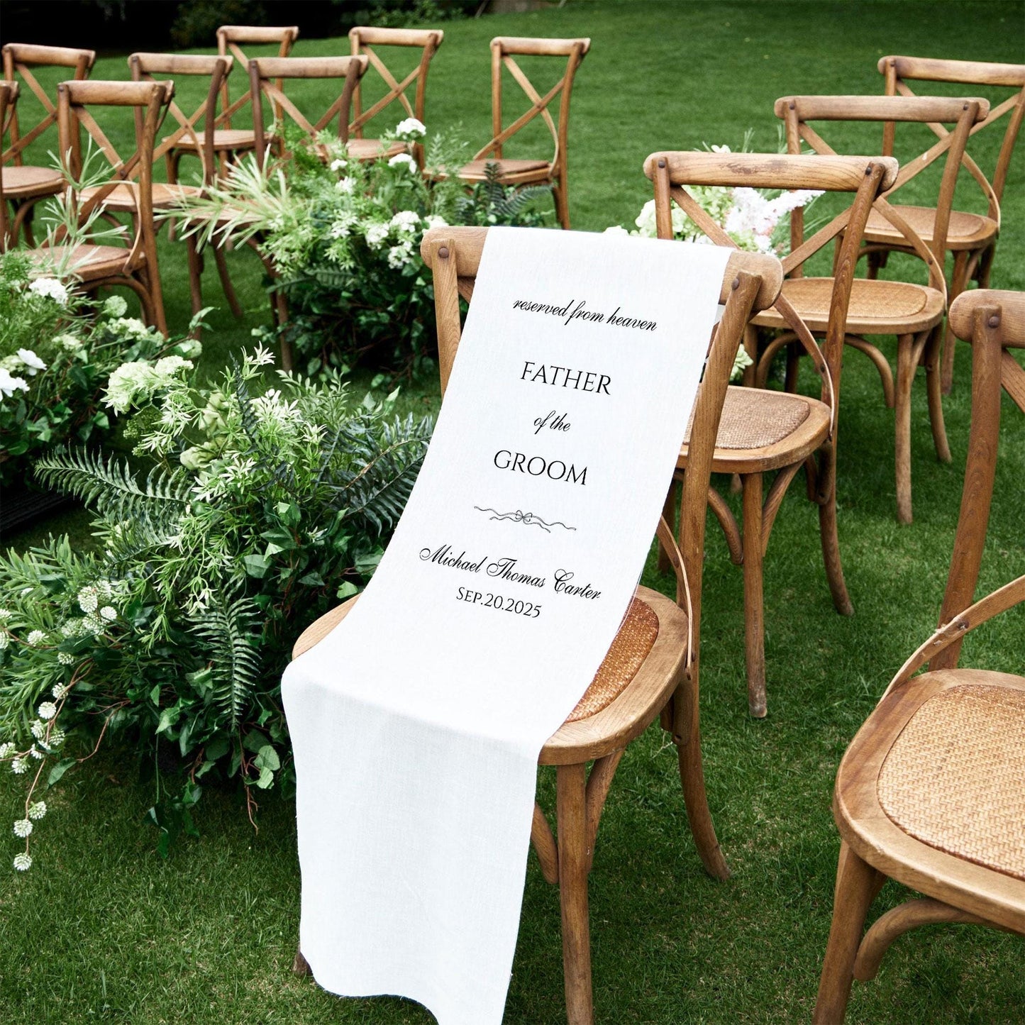 In Loving Memory Chair Sign, Wedding Memorial Banner, Reserved Seat for Father of Groom in Heaven, Personalized with Name & Date