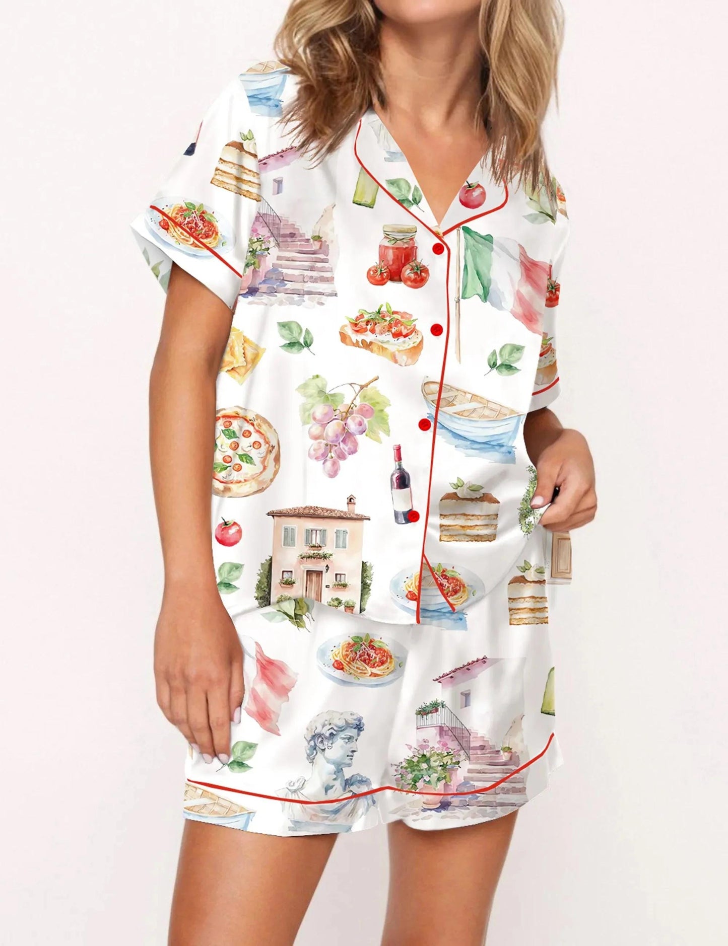 Italy Watercolor Travel Silky Satin Pajama Set For Women  Pajamas Set