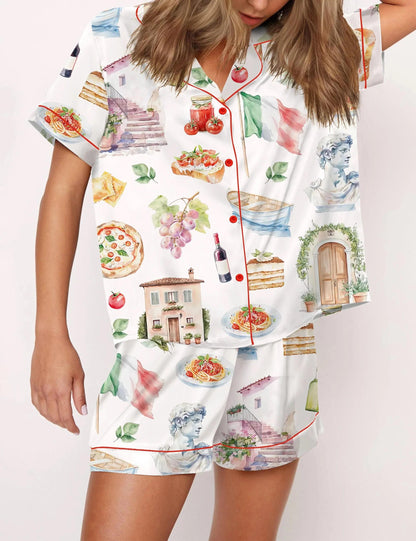 Italy Watercolor Travel Silky Satin Pajama Set For Women  Pajamas Set