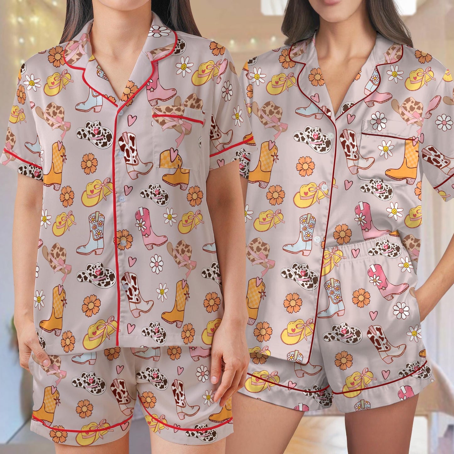 Cowgirl Boots Pajama Set, Cowgirl Hat Sleepwear, Western Loungewear Set, Boots And Hat Country Pajamas, Rodeo, Let's Go Girls, Disco Cowgirl