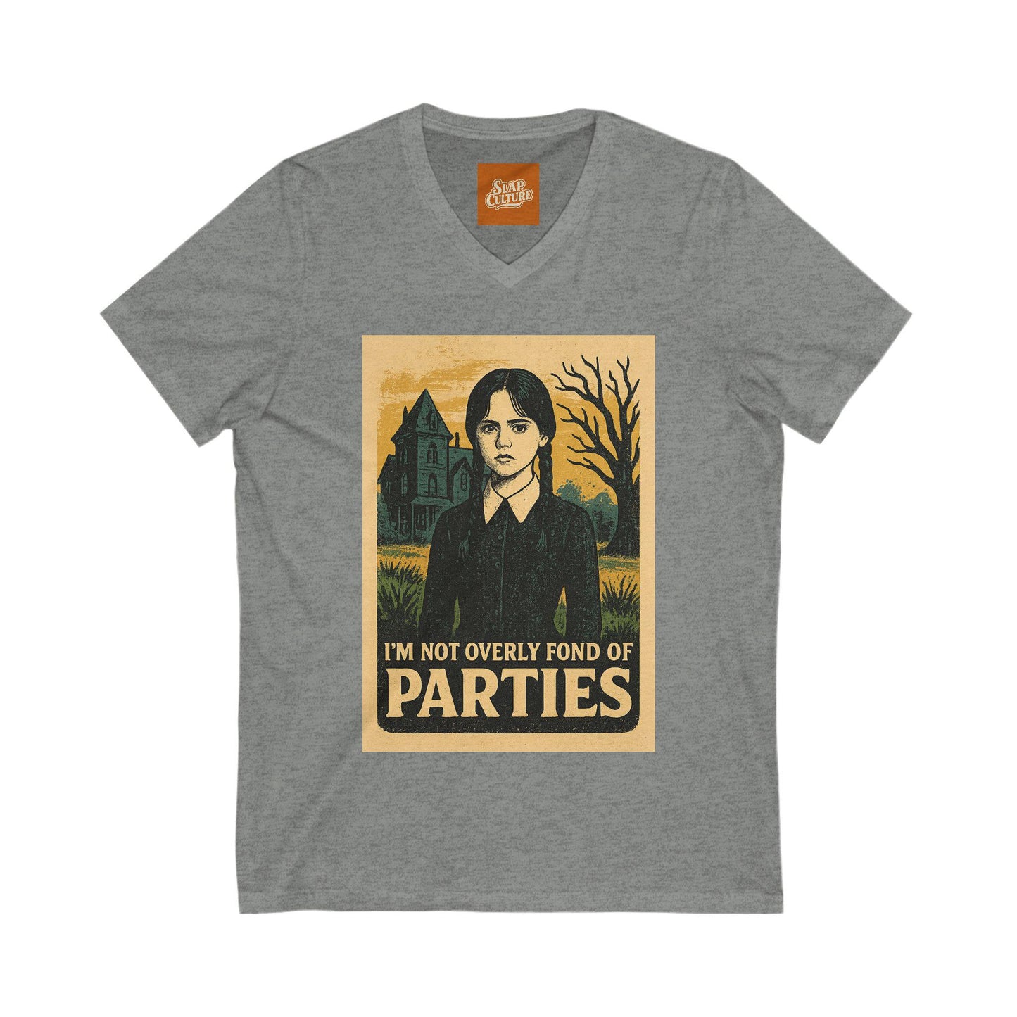 T Shirt featuring Wednesday Addams Im not fond of parties. Unisex soft cotton.