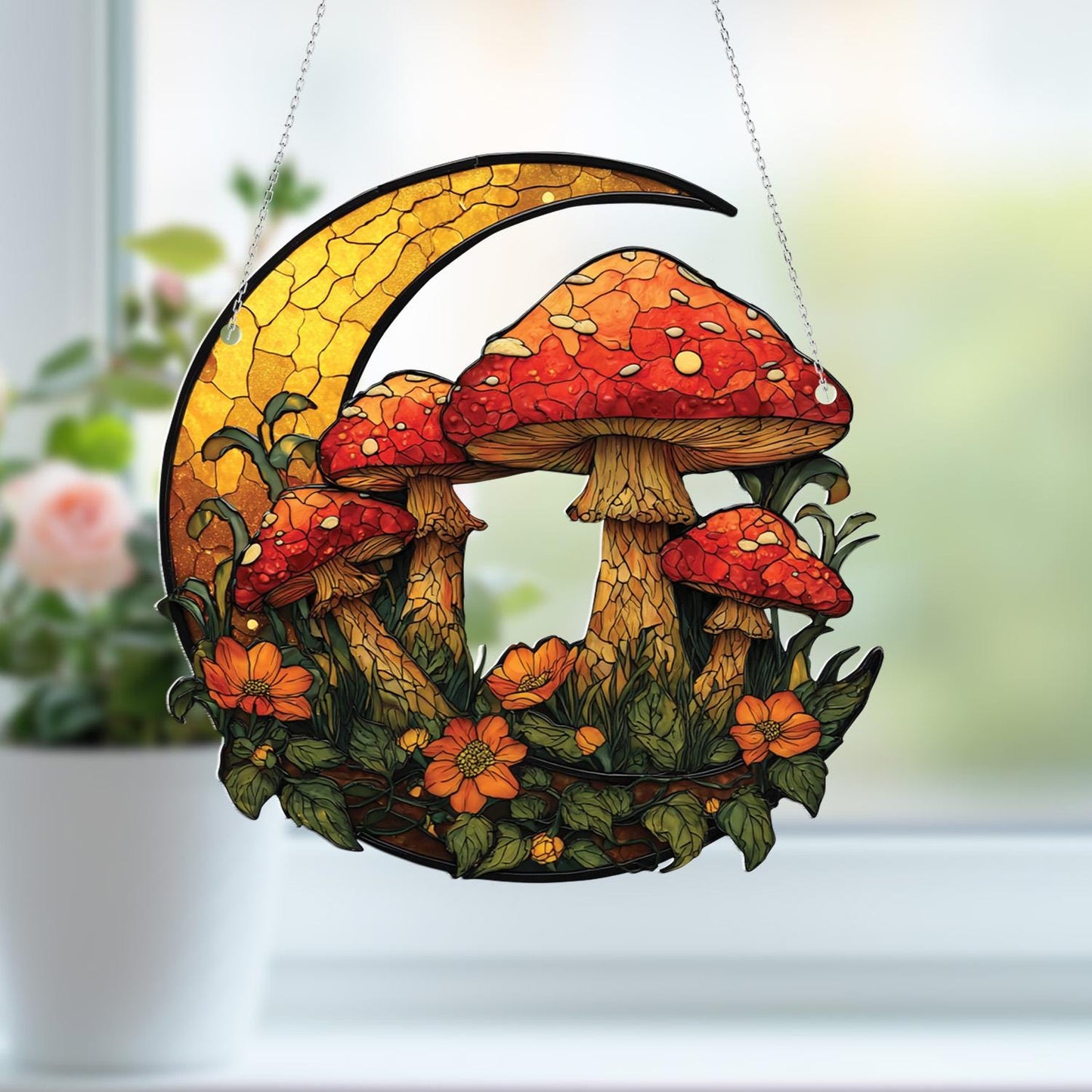 Mushroom Crescent Moon Window Hanging, Autumn Fall Decor, Handcrafted Acrylic Ornament, Perfect for Witchy Halloween Home Decoration