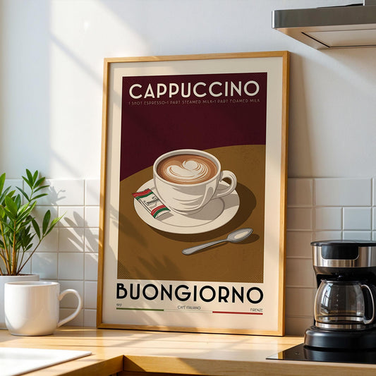 Cappuccino Coffee Poster, Kitchen Coffee Bar Art Print, Coffee Bar Sign | Vintage Coffee Poster | Modern Coffee Art Print For Coffee Gift