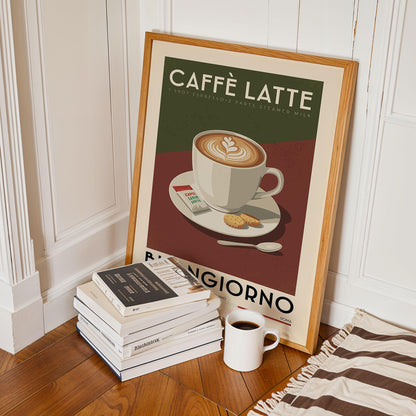 Caffe Latte Coffee Poster, Kitchen Coffee Bar Art Print, Coffee Bar Sign | Vintage Coffee Poster | Coffee Gift for Coffee Lover