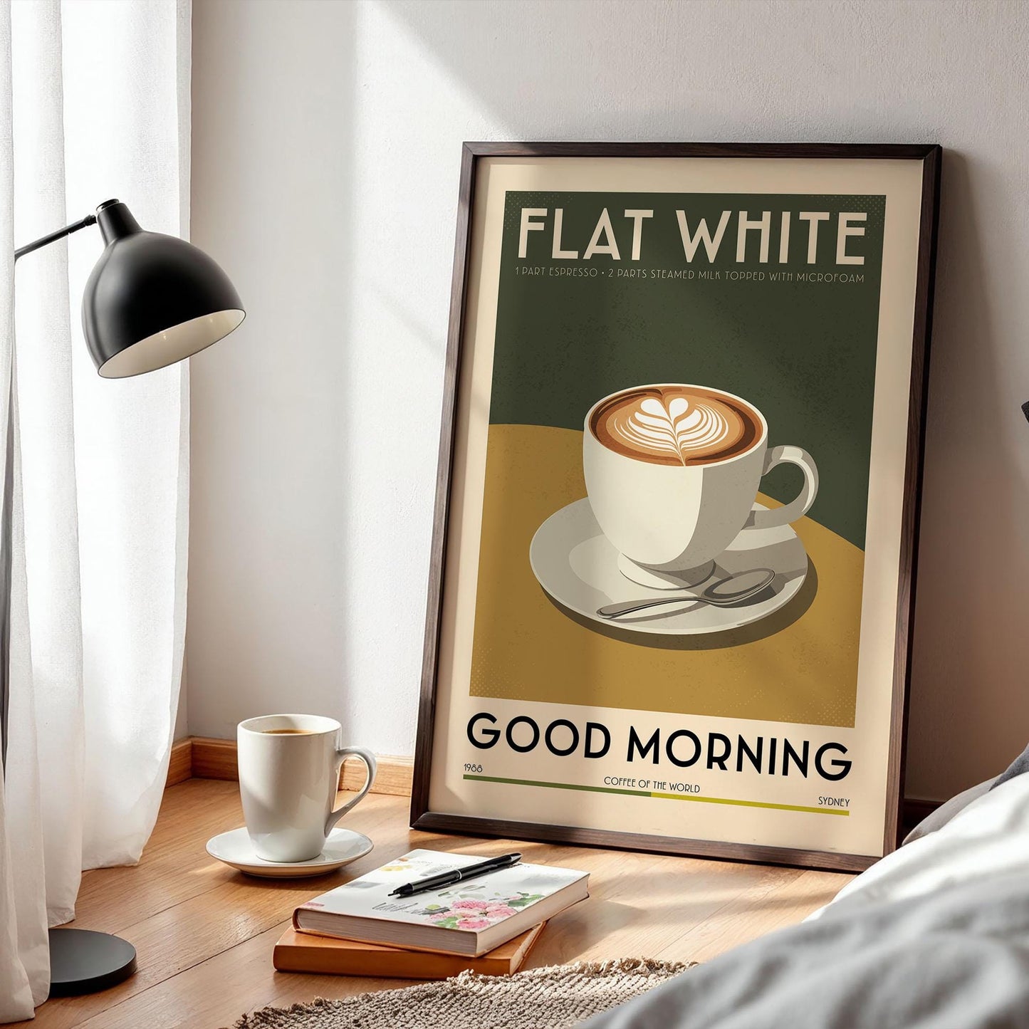 Flat White Coffee Poster, Kitchen Coffee Bar Art Print, Coffee Bar Sign | Vintage Coffee Poster | Kitchen Wall Art for Coffee Bar