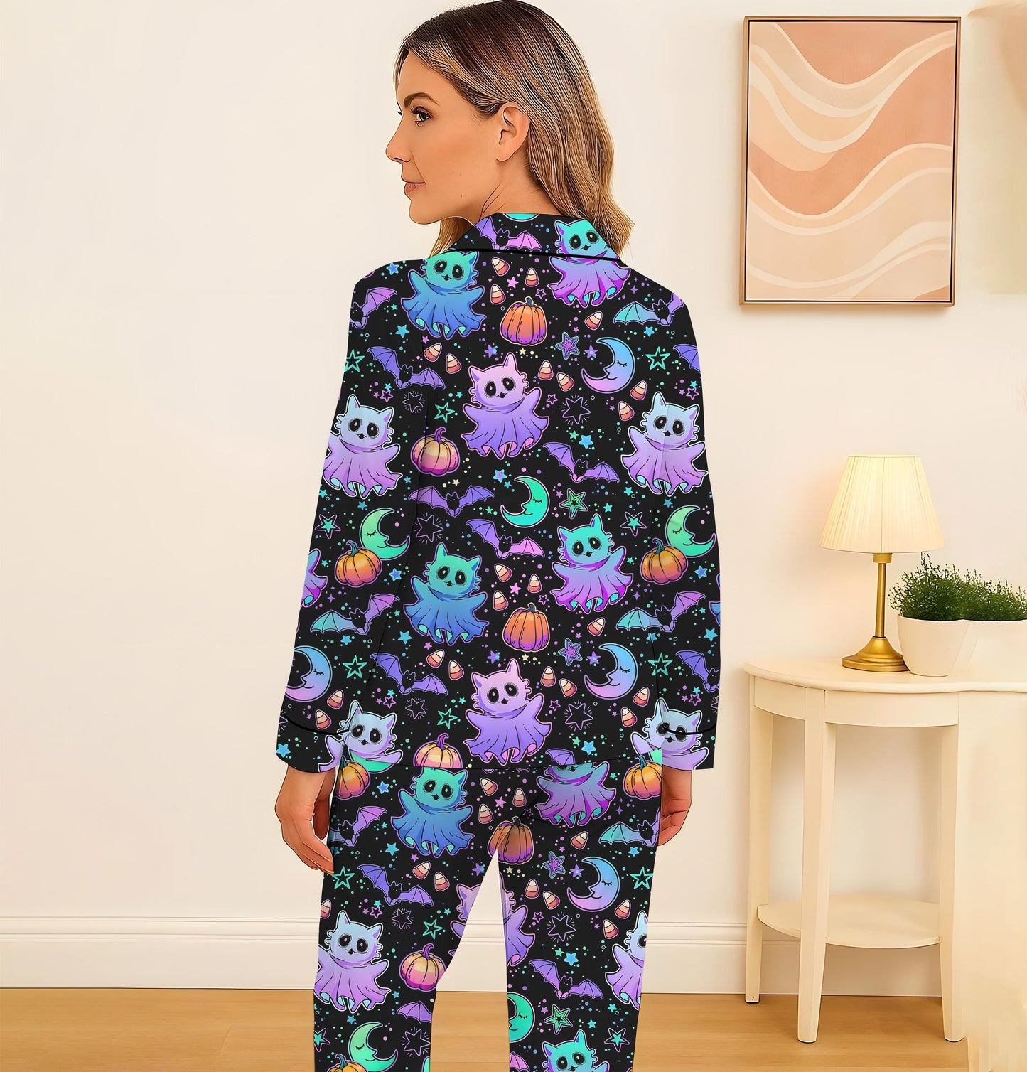 Halloween Neon Witch Cat Pumpkin Bat Pajamas Set, Neon Halloween Sleepwear, Halloween Night Homewear, Cozy Loungewear, Spooky Season Gift