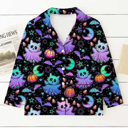 Halloween Neon Witch Cat Pumpkin Bat Pajamas Set, Neon Halloween Sleepwear, Halloween Night Homewear, Cozy Loungewear, Spooky Season Gift