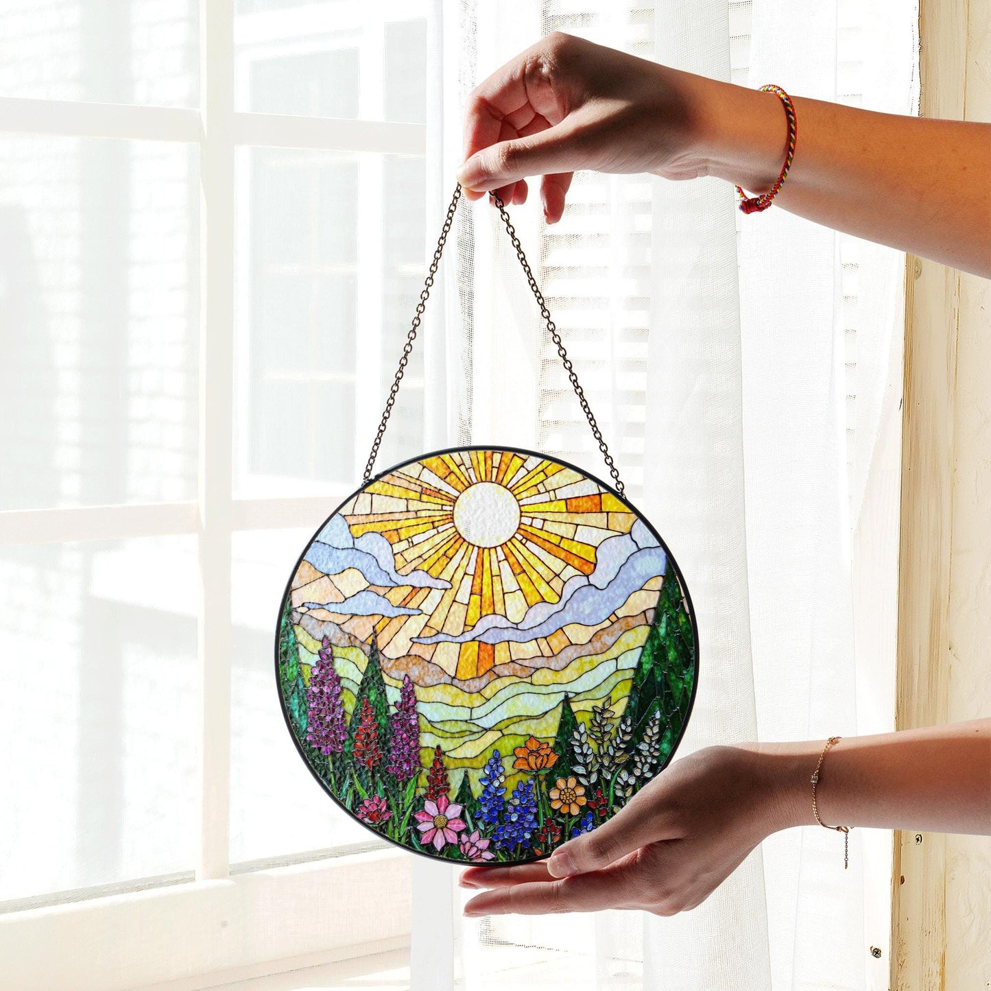 Vibrant Wildflower Meadow Stained Glass Suncatcher Window Hanging Gift for Mothers Day or Nature Lovers