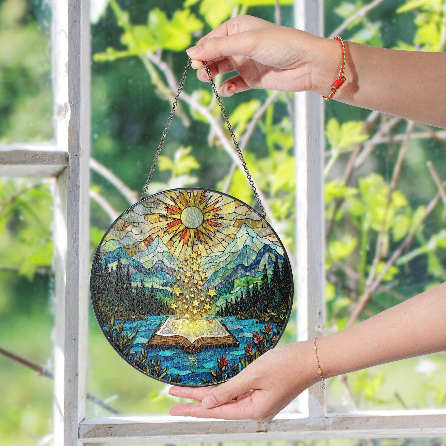 Open Book and Sun Rays Stained Glass Suncatcher Window Hanging Nature Gift for Teachers