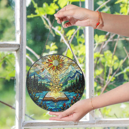Open Book and Sun Rays Stained Glass Suncatcher Window Hanging Nature Gift for Teachers